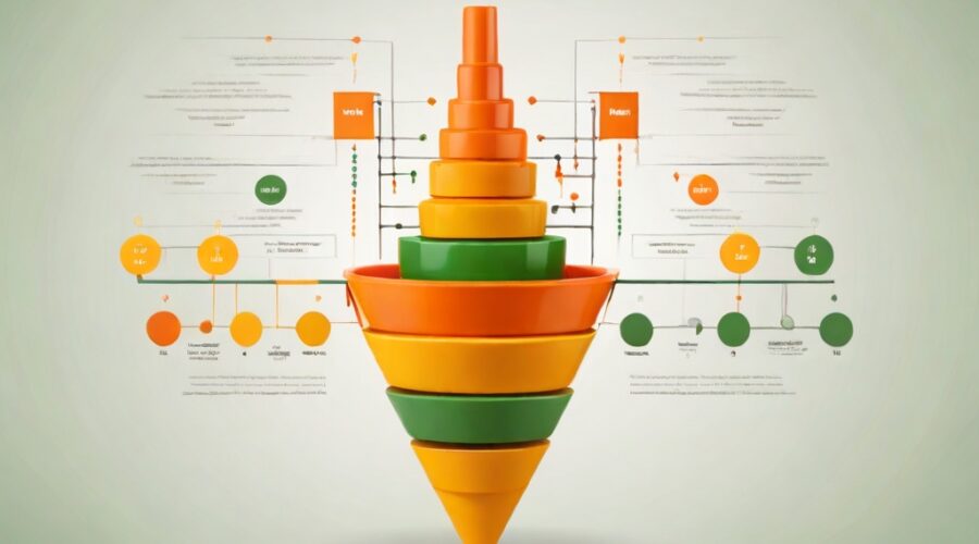 Gráfico representando um funil de marketing nas cores laranja, amarelo e verde