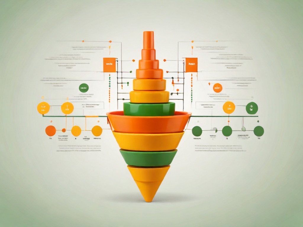 Gráfico representando um funil de marketing nas cores laranja, amarelo e verde