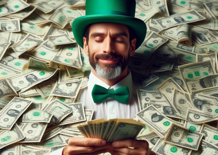 Imagem: homem em um rio de dinheiro sorrindo