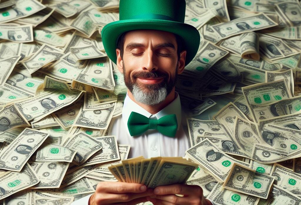 Imagem: homem em um rio de dinheiro sorrindo