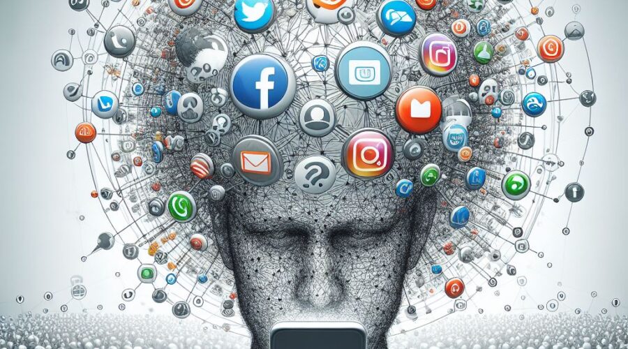 Imagem: uma pessoa com redes sociais rodando pela cabeça