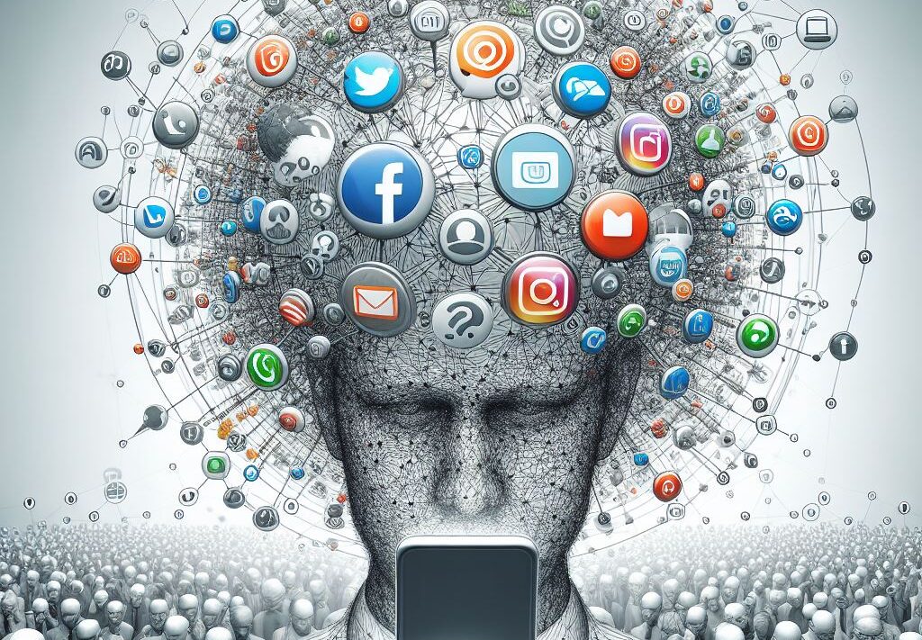 Imagem: uma pessoa com redes sociais rodando pela cabeça